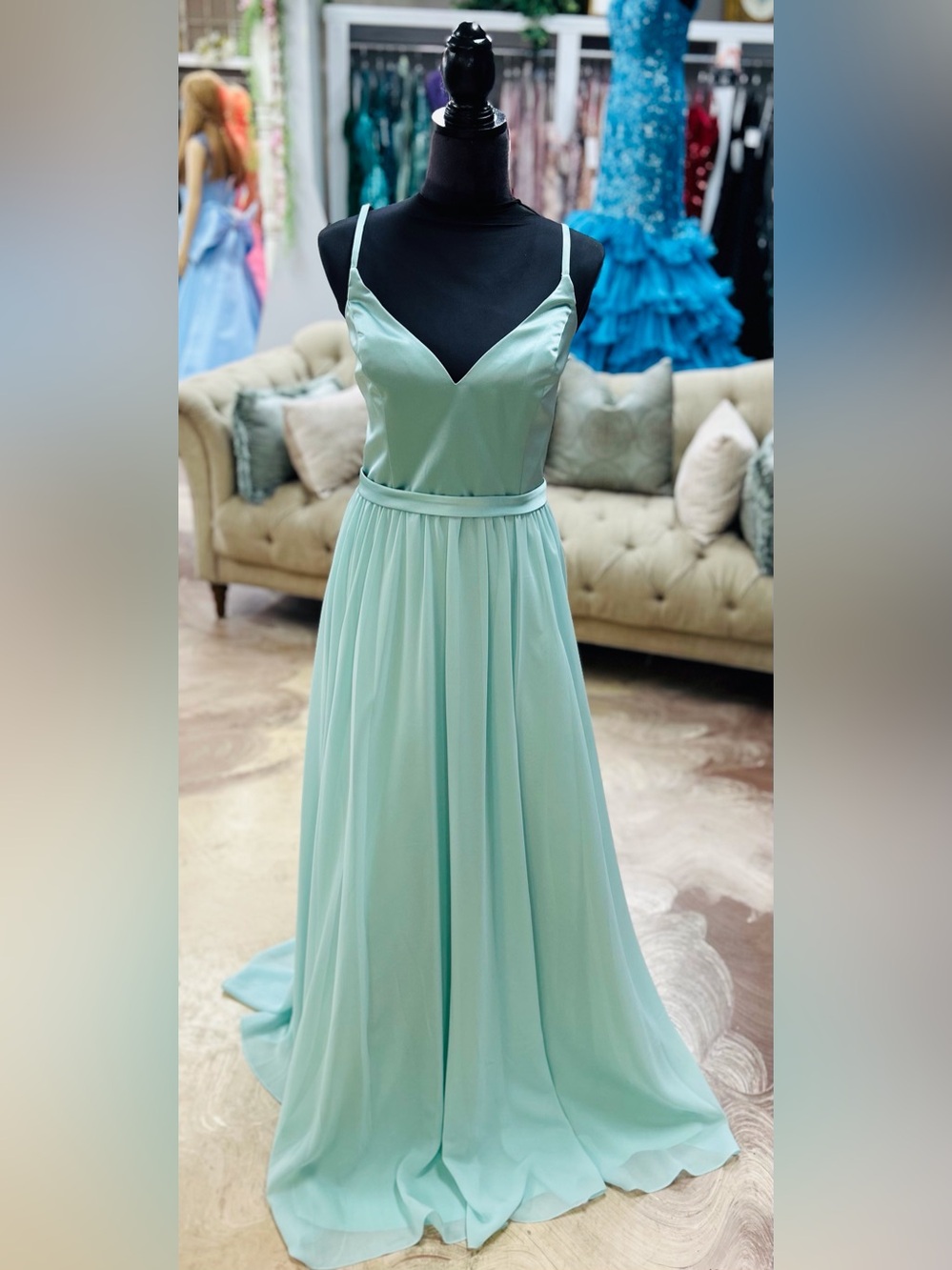 Allure Bridals Mint Green Spaghetti Strap Chiffon Prom Dress